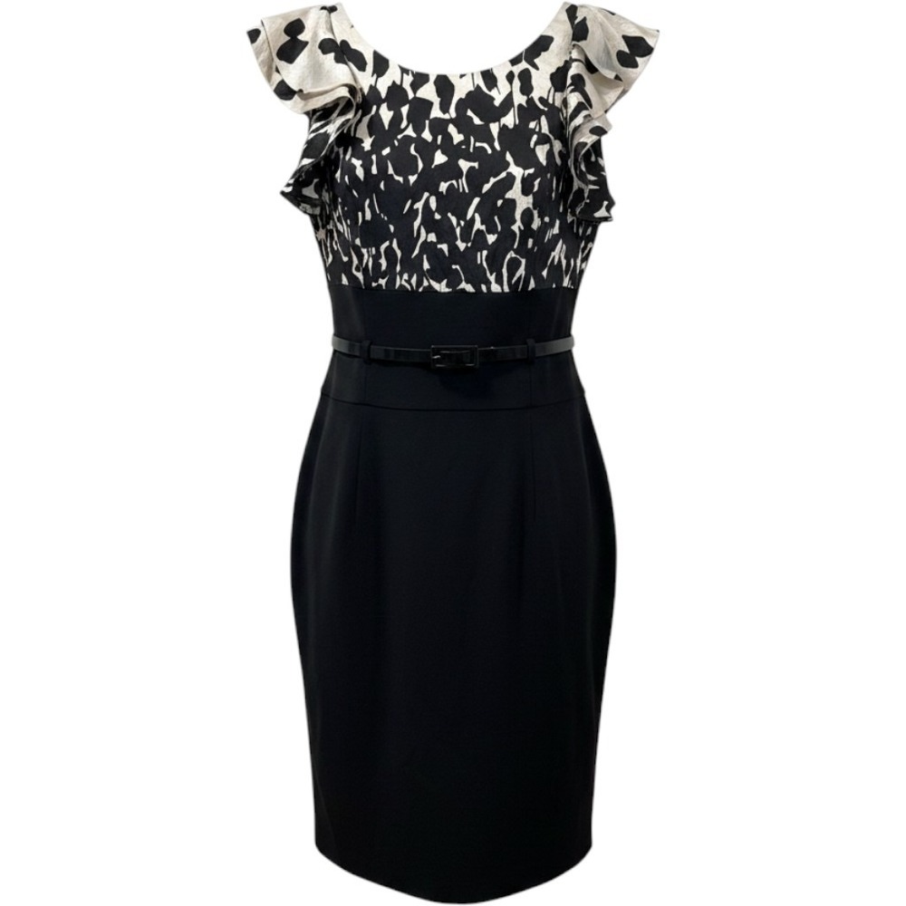 White House Black Market Silk Sheath Dress Women 10 Black White Flutter Sleeve
